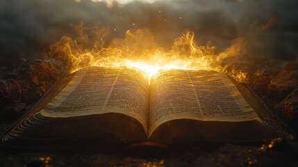 Open book with burning pages, emitting bright light. Concept of knowledge, wisdom, and divine revelation