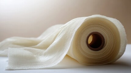 A close-up photograph reveals a roll of pristine white bandage material, partially unraveled