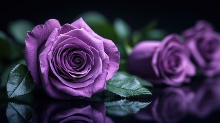 Three exquisite, lavender roses with lush green leaves, resting on a reflective dark surface