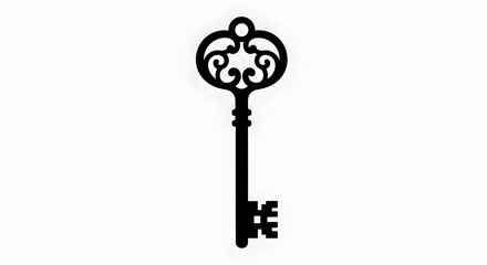 Obraz premium A black vintage key silhouette with an ornate handle on a white background