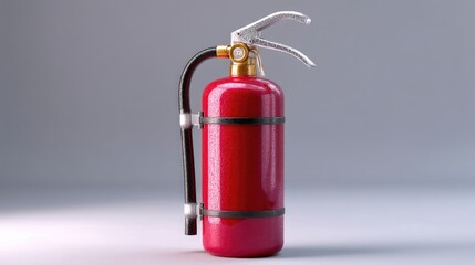 Obraz premium Red Fire Extinguisher with Hose and Nozzle on a Neutral Background for Safety and Fire Prevention