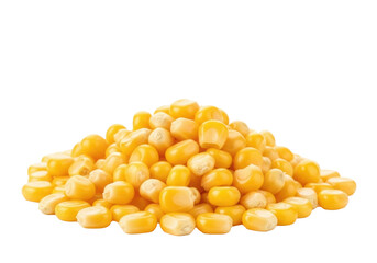 Fototapeta premium Fresh, plump, vibrant golden yellow sweet corn kernels piled, distinct with natural sheen, sharply isolated on transparent background, soft studio light. Concept for healthy food ingredient