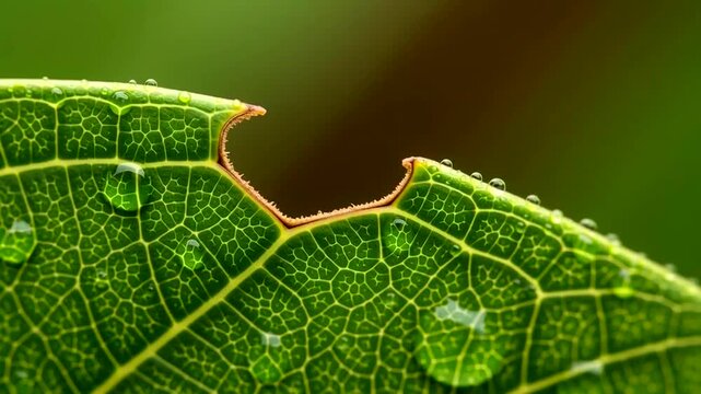 Closeup of a damaged green leaf with water droplets.