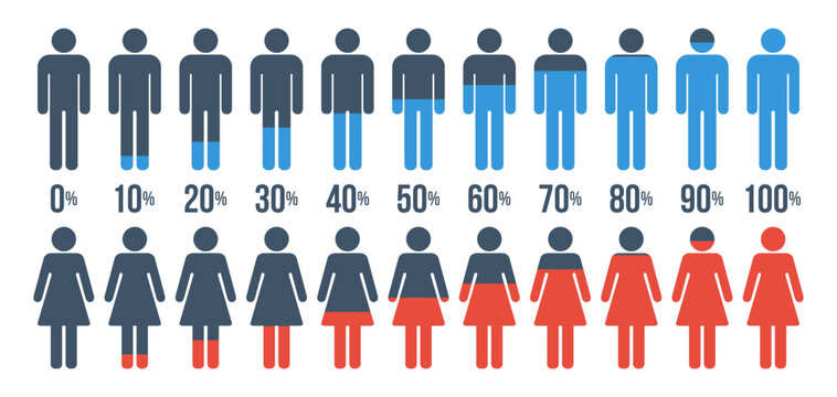 male female progress bar percentage diagrams set, started 0 finished 100, increase 5, infographic elements collection, user interface vector, peoples silhouette dashboard symbols