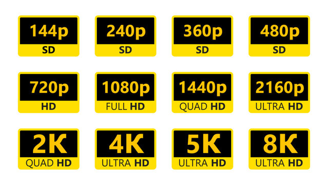 video resolution label collection, 4k ultra hd icon, 2k quad hd symbol, 1080p full hd sticker