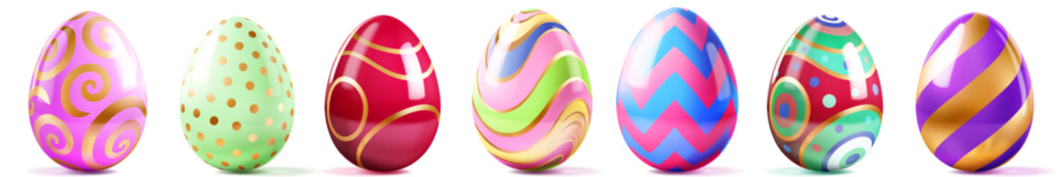 Set of shiny easter eggs with various patterns and colors on white background with soft shadows and gold accents.