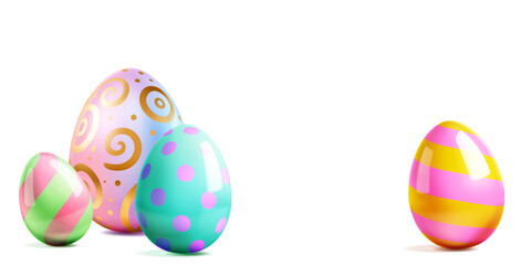Fototapeta premium Vibrant easter eggs with soft shadows and various patterns on white background, showcasing different colors and designs.