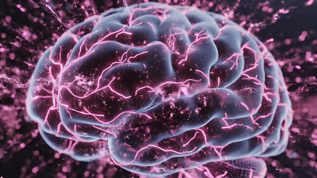 Glowing Brain with Vibrant Neural Connections - A close-up view of a brain model featuring glowing, vibrant pink neural connections and sparks.