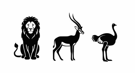 Obraz premium Lion, gazelle, and ostrich silhouettes standing together in a serene savannah landscape illustration
