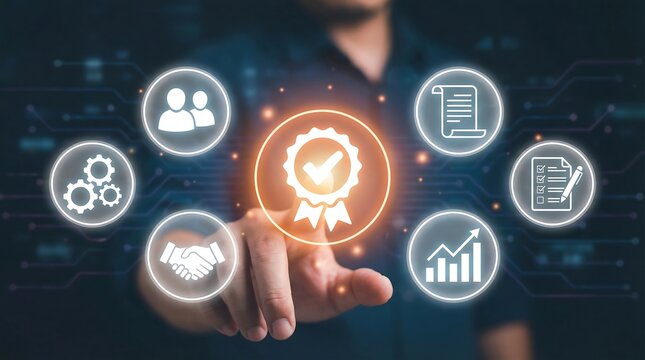 A business professional's hand is touching a glowing circular medal icon, symbolizing achievement, quality certification, and a commitment to excellence across various business functions.