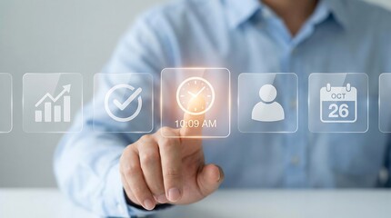 Obraz premium A person's hand extends to interact with a prominent glowing clock icon showing a specific time, flanked by other significant business management icons like growth, task completion, and scheduling.
