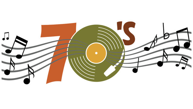 Seventies music icon with vinyl record and musical notes illustration