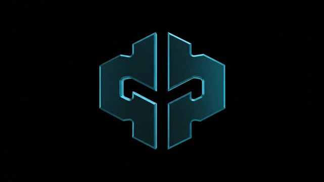 Geometric logo design with futuristic elements and dark background.