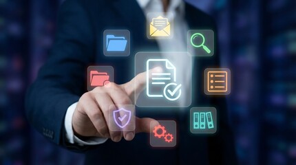 A professional's hand interacts with a central glowing digital document icon featuring a checkmark, surrounded by a comprehensive set of file management and security applications.