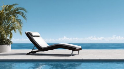 Obraz premium Relaxing Lounge Chair on Poolside by Calm Ocean Under Clear Sky