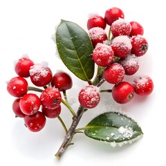 Holly branch with red berries and green leaves covered in snow or frost