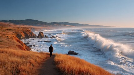 A lone figure walks along a coastal path, overlooking crashing waves. Golden sunlight bathes the scene