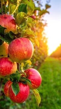 Ripe red apples dangle from a branch in an orchard, bathed in golden light. Verdant leaves and blurred trees