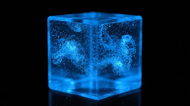 Glowing blue cube with abstract particle design on black background.