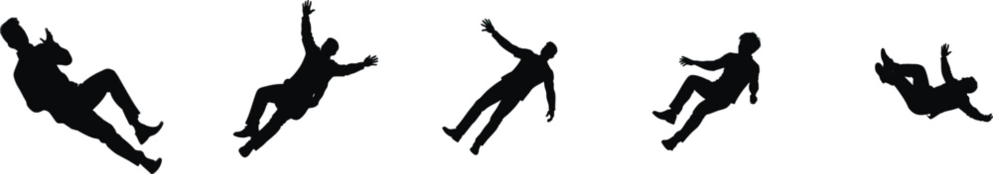 Silhouettes of man falling or descending set on a white transparent background