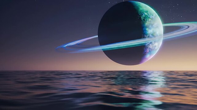 Mystical Planet Rises Over Twilight Ocean - A large, ringed planet hovers majestically above a serene ocean at twilight.