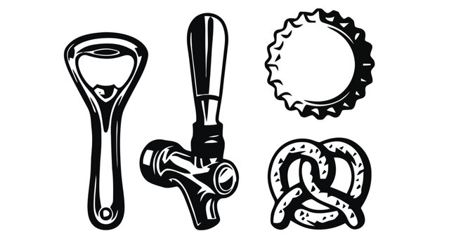 Black and white illustration of beer tap handle and snacks