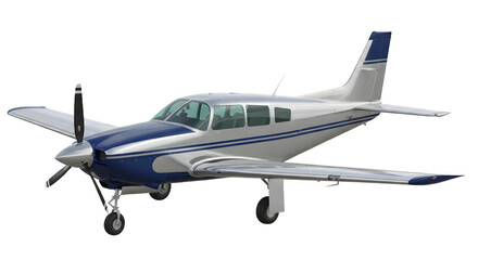 Small blue and white propeller airplane flying.