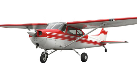 Small red and white airplane flying.