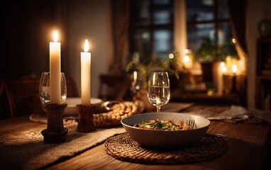 Cozy Candlelit Dinner Setting with Healthy Meal