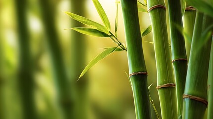 Fototapeta premium Close-up of vibrant green bamboo stalks in a sunlit forest, natures beauty.