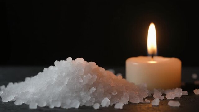 Close-up of sea salt crystals adn a burning candle on dark background.