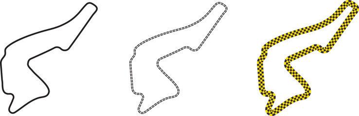 Racing track outline set for motorsport design. Minimal circuit path icons for logo and branding use. Black white speed route symbols collection. © Sk