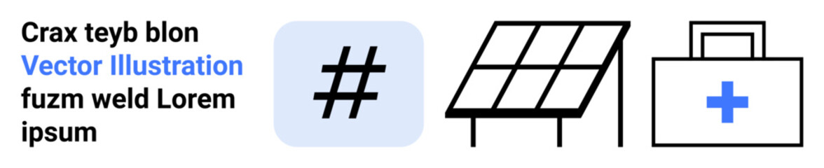 Obraz premium metadata tag inside blue square, solar panel structure, and medical kit with blue cross. Ideal for sustainability, innovation, healthcare, social media, technology, eco-friendly design simple