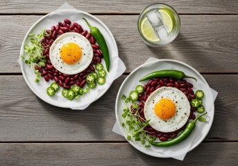 Two plates of beans with fried eggs and vegetables on a wooden table with a glass of water