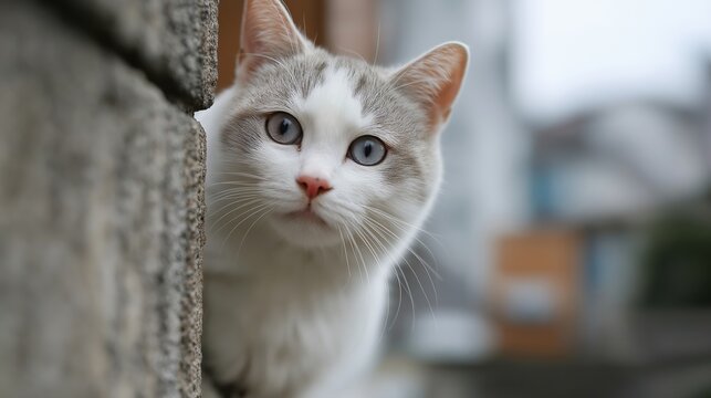 White and grey cat with beautiful eyes peeking from behind a wall.
