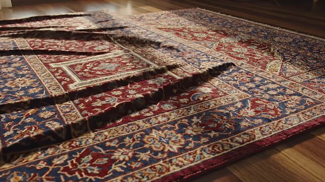 Oriental Prayer Rug with Intricate Pattern - A traditional oriental prayer rug is displayed with an intricate pattern in warm light. The rug appears to be rippling and undulating slightly.
