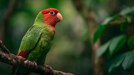 Obraz premium Vibrant Parrot Perched on a Branch Amidst Lush Green Foliage.