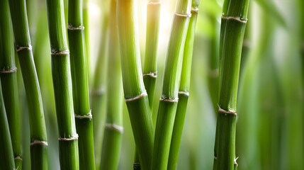 Fototapeta premium Close-up of Lush Green Bamboo Stalks with Sunlight Shining Through.