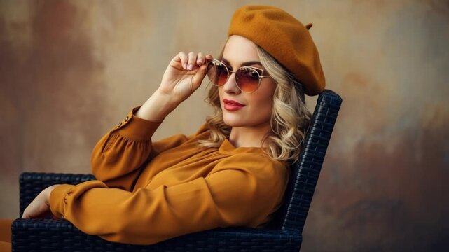 Woman wearing sunglasses and beret sitting in chair