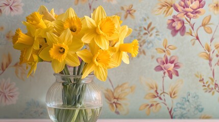 Fototapeta premium Vibrant Yellow Daffodils in a Glass Vase Against Floral Wallpaper.