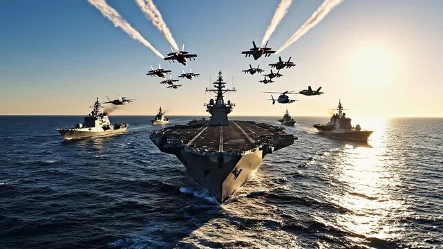 Aircraft Carrier with Fighter Jets in Formation at Sunset in Dramatic Lighting on Calm Sea for Military Illustration