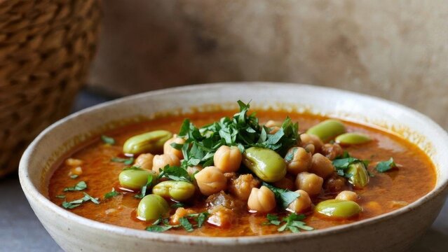 Hearty vegetarian stew with chickpeas and broad beans garnished with fresh parsley.