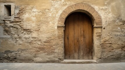 Fototapeta premium Historical Brick Wall with Arched Doorway in Rustic Setting Emphasizing Textures and Depth
