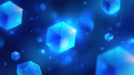 Abstract Floating Blue Cubes with Bokeh Lights in a Digital Space Background, Glowing Edges and Soft Focus