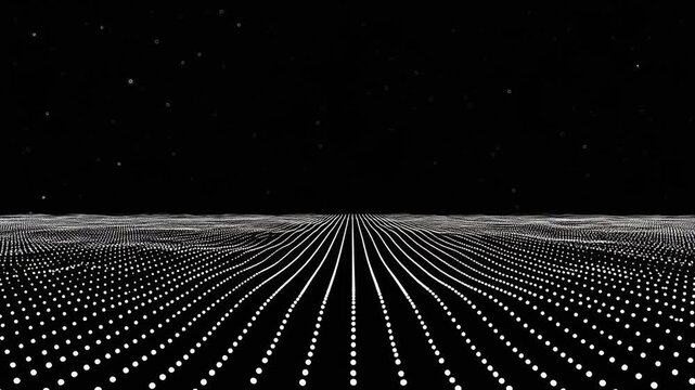 Abstract futuristic digital landscape with glowing white dots and lines on black background representing technology and data flow