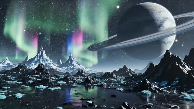 Alien Planet Landscape with Aurora - A scenic view of an alien landscape shows jagged mountains and frozen terrain under the glow of a vibrant aurora.