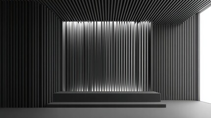 Abstract Installation of Parallel Wooden Slats Creating Geometric Forms in Dark Room with a Bright Central Lighted Section