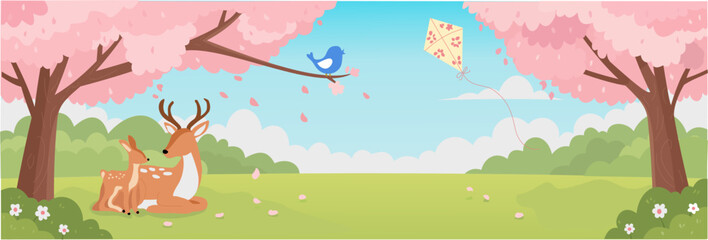 Spring landscape panorama with deer family under blooming cherry blossom trees. Vector illustration of a sunny meadow with falling petals, blue bird, and kite for nature banners