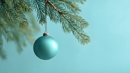 Christmas tree branch with a single teal ornament against a light blue background.