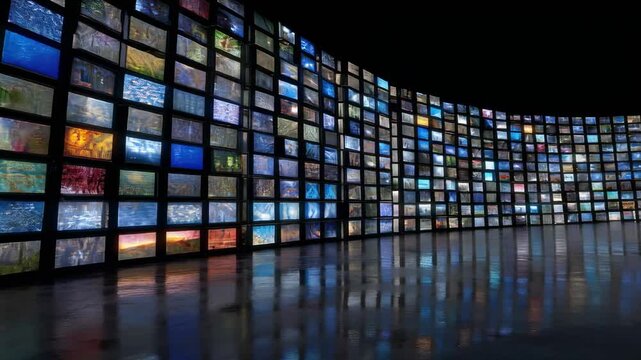 Curved wall of multiple glowing video screens displaying colorful images in a dark modern exhibition space